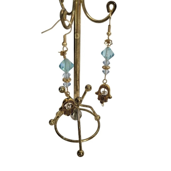 Hamsa Hand Aqua Blue Crystal Drop Earrings - Picture 3 of 3